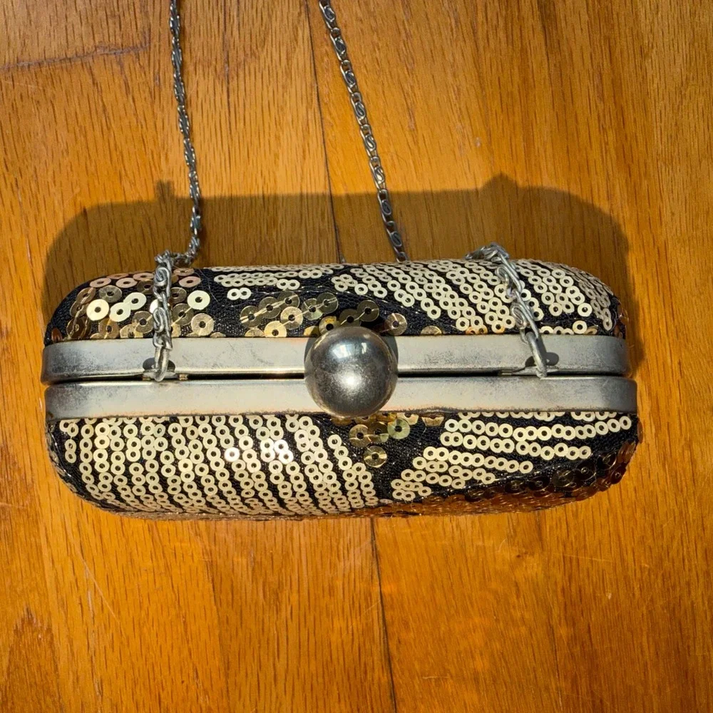 VTG Gunne Sax Jessica McClintock Sequin Minaudiere Clutch Bag Gold Silver Black